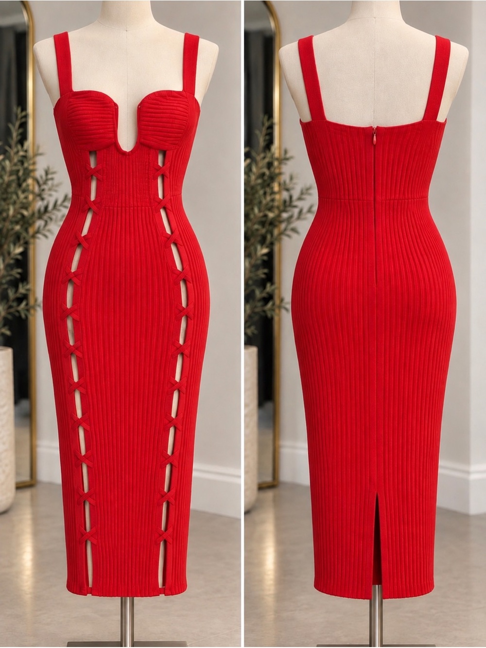 Fashion Nova Red Ribbed Cutout Midi Dress